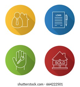 Real estate flat linear long shadow icons set. Broker, hand with key, sold house, loan. Vector outline illustration