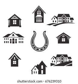 Real estate. Flat Residential Houses. Set houses icons, buildings, and architecture variations in flat style design. Modern city architecture concept. Different modern design structures.