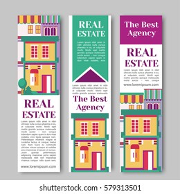 Real estate flat vertical banner set with house logo, ribbon, trees. Village apartment rental and buying vector illustration.