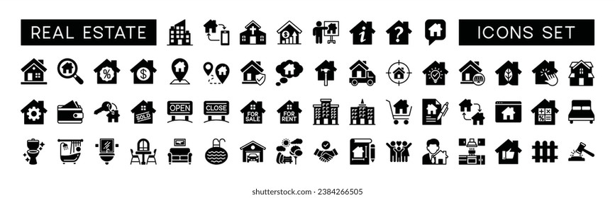 Juego de iconos de la página web plana inmobiliaria. Casa, propiedades, hipoteca, préstamo de vivienda, alquiler, clave, compra, venta, seguro y más para aplicación y sitio web. Colección de iconos de esquema. Ilustración del vector