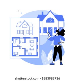 Real Estate Floor Plan Abstract Concept Vector Illustration. Floor Plan Online Services, Real Estate Marketing, House Listing, Interactive Property Layout, Virtual Staging Abstract Metaphor.