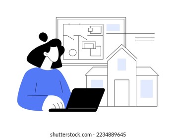 Ilustración vectorial de concepto abstracto del plan de piso inmobiliario. Servicios en línea de plan de piso, marketing inmobiliario, listado de casas, diseño interactivo de propiedades, metáfora abstracta de montaje virtual.