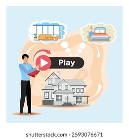 Real estate floor plan concept. Businessman imagining a home, featuring a cozy living room and bedroom in thought bubbles overhead. Flat vector modern illustration  