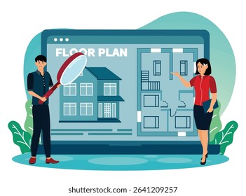 Real estate floor plan concept. Two Real Estate Professionals presenting and analyzing a detailed floor plan displayed on a large screen.