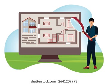 Real estate floor plan concept. A person analyzing a real estate floor plan displayed on a computer screen. Modern style design conveying real estate.