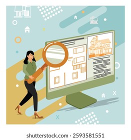 Real estate floor plan. Woman examining property designs on a computer monitor, holding a magnifying glass, suggesting concepts like analysis, research, architecture, and property inspection. 