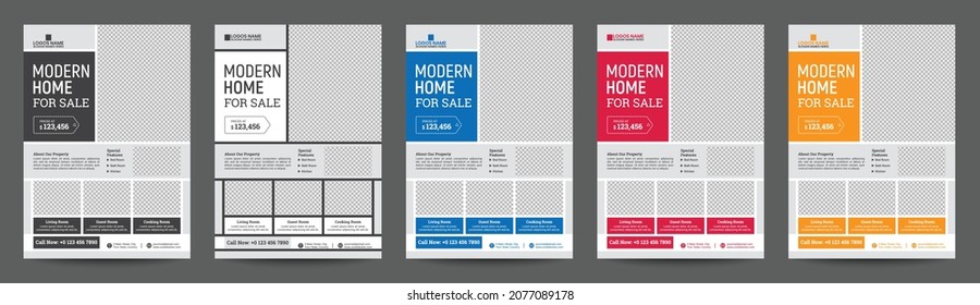 Diseño de vectores de plantilla de volante inmobiliario o folleto. Revista Moderna de Afiches, Fondo de Diseño de Prospecto. Rectángulo abstracto, forma, variación de cinco colores, fácil de editar