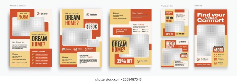 Real estate flyer bundle, social media post and story set template, property sale promotion web banner design, house square template