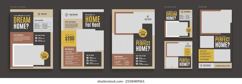 Real Estate Flyer Design bundle, property sale flyer, social media post set template, flyer design for rent. house square template
