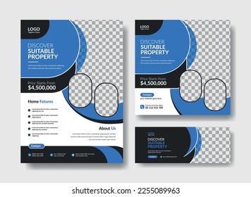 Real estate flyer design template. Social media post, flyer, facebook cover template for real estate business. Home sale flyer, post and cover design set