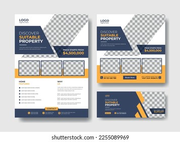Real estate flyer design template. Social media post, flyer, facebook cover template for real estate business. Home sale flyer, post and cover design set