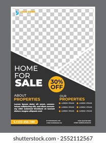 Real Estate Flyer Template. Clean, professional, readable flyer template with a large image in the background and framed spots for a person photo and thumbnails. A4 210×297 (5mm bleeds) 300 DPI CMYK