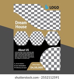 Real Estate Flyer Template. Clean, professional, readable flyer template with a large image in the background and framed spots for a person photo and thumbnails. A4 210×297 (5mm bleeds) 300 DPI CMYK