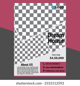 Real Estate Flyer Template. Clean, professional, readable flyer template with a large image in the background and framed spots for a person photo and thumbnails. A4 210×297 (5mm bleeds) 300 DPI CMYK