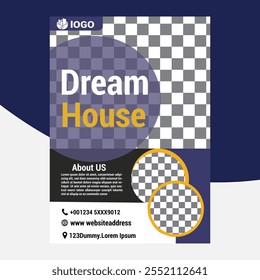 Real Estate Flyer Template. Clean, professional, readable flyer template with a large image in the background and framed spots for a person photo and thumbnails. A4 210×297 (5mm bleeds) 300 DPI CMYK