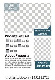 Real Estate Flyer Template. Clean, professional, readable flyer template with a large image in the background and framed spots for a person photo and thumbnails. A4 210×297 (5mm bleeds) 300 DPI CMYK