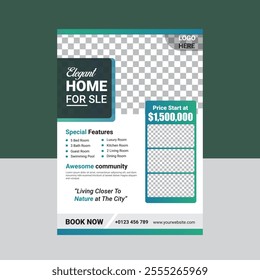 Real Estate Flyer Template. Clean, professional, readable flyer template with a large image in the background and framed spots for a person photo and thumbnails. A4 210×297 (5mm bleeds) 300 DPI CMYK
