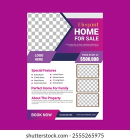 Real Estate Flyer Template. Clean, professional, readable flyer template with a large image in the background and framed spots for a person photo and thumbnails. A4 210×297 (5mm bleeds) 300 DPI CMYK