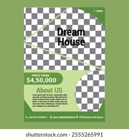Real Estate Flyer Template. Clean, professional, readable flyer template with a large image in the background and framed spots for a person photo and thumbnails. A4 210×297 (5mm bleeds) 300 DPI CMYK