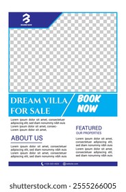 Real Estate Flyer Template. Clean, professional, readable flyer template with a large image in the background and framed spots for a person photo and thumbnails. A4 210×297 (5mm bleeds) 300 DPI CMYK