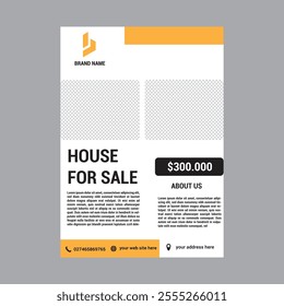 Real Estate Flyer Template. Clean, professional, readable flyer template with a large image in the background and framed spots for a person photo and thumbnails. A4 210×297 (5mm bleeds) 300 DPI CMYK