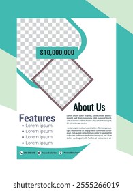 Real Estate Flyer Template. Clean, professional, readable flyer template with a large image in the background and framed spots for a person photo and thumbnails. A4 210×297 (5mm bleeds) 300 DPI CMYK