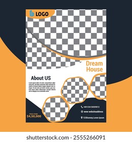 Real Estate Flyer Template. Clean, professional, readable flyer template with a large image in the background and framed spots for a person photo and thumbnails. A4 210×297 (5mm bleeds) 300 DPI CMYK