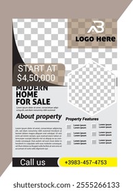 Real Estate Flyer Template. Clean, professional, readable flyer template with a large image in the background and framed spots for a person photo and thumbnails. A4 210×297 (5mm bleeds) 300 DPI CMYK