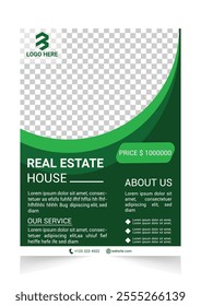 Real Estate Flyer Template. Clean, professional, readable flyer template with a large image in the background and framed spots for a person photo and thumbnails. A4 210×297 (5mm bleeds) 300 DPI CMYK