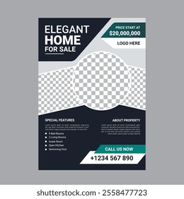 Real Estate Flyer Template. Clean, professional, readable flyer template with a large image in the background and framed spots for a person photo and thumbnails. A4 210×297 (5mm bleeds) 300 DPI CMYK