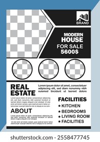 Real Estate Flyer Template. Clean, professional, readable flyer template with a large image in the background and framed spots for a person photo and thumbnails. A4 210×297 (5mm bleeds) 300 DPI CMYK