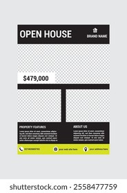 Real Estate Flyer Template. Clean, professional, readable flyer template with a large image in the background and framed spots for a person photo and thumbnails. A4 210×297 (5mm bleeds) 300 DPI CMYK