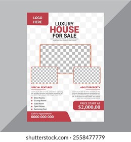 Real Estate Flyer Template. Clean, professional, readable flyer template with a large image in the background and framed spots for a person photo and thumbnails. A4 210×297 (5mm bleeds) 300 DPI CMYK