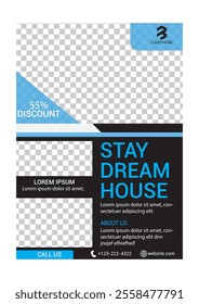 Real Estate Flyer Template. Clean, professional, readable flyer template with a large image in the background and framed spots for a person photo and thumbnails. A4 210×297 (5mm bleeds) 300 DPI CMYK