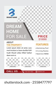 Real Estate Flyer Template. Clean, professional, readable flyer template with a large image in the background and framed spots for a person photo and thumbnails. A4 210×297 (5mm bleeds) 300 DPI CMYK