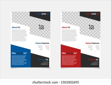 Real Estate flyer template vector design, A4 brochure template blue and red colours geometry shapes used for business poster layout, IT Company flyer,  corporate banners, and leaflets