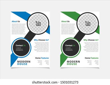 Real Estate flyer template vector design, A4 brochure template blue and green colours circle geometry shapes used for business poster layout, IT Company flyer,  corporate banners, and leaflets