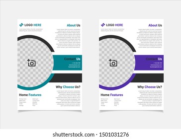 Real Estate flyer template vector design, A4 brochure template blue and purple colours circle geometry shapes used for business poster layout, IT Company flyer,  corporate banners, and leaflets