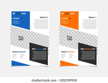 Real Estate flyer template vector design, A4 brochure template blue and amber colours geometry shapes used for business poster layout, IT Company flyer,  corporate banners, and leaflets