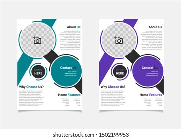Real Estate flyer template vector design, A4 brochure template blue and purple colours circle geometry shapes used for business poster layout, IT Company flyer,  corporate banners, and leaflets