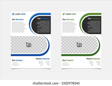 Real Estate flyer template vector design, A4 brochure template blue and green colours geometry shapes used for business poster layout, IT Company flyer,  corporate banners, and leaflets