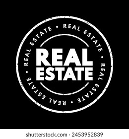 Real Estate - form of real property, land along with any permanent improvements attached to the land, including water, trees, minerals, buildings, homes, fences, and bridges, text concept stamp