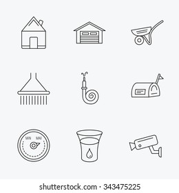 Real estate, garage and heat regulator icons. Trolley, fire hose and mailbox linear signs. Shower, glass of water and video monitoring icons. Linear black icons on white background.