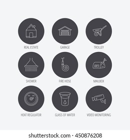 Real estate, garage and heat regulator icons. Trolley, fire hose and mailbox linear signs. Shower, glass of water and video monitoring icons. Linear icons in circle buttons. Flat web symbols. Vector