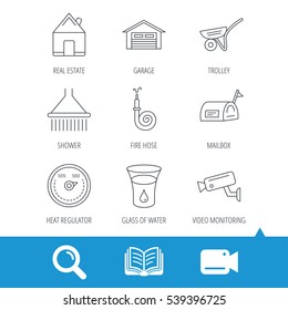 Real estate, garage and heat regulator icons. Trolley, fire hose and mailbox linear signs. Shower, glass of water and video monitoring icons. Video cam, book and magnifier search icons. Vector