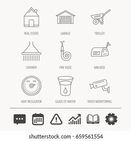 Real estate, garage and heat regulator icons. Trolley, fire hose and mailbox linear signs. Shower, glass of water and video monitoring icons. Education book, Graph chart and Chat signs. Vector