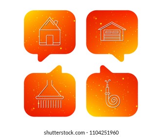 Real estate, garage and shower icons. Fire hose linear sign. Orange Speech bubbles with icons set. Soft color gradient chat symbols. Vector