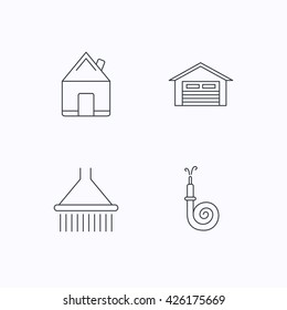 Real estate, garage and shower icons. Fire hose linear sign. Flat linear icons on white background. Vector