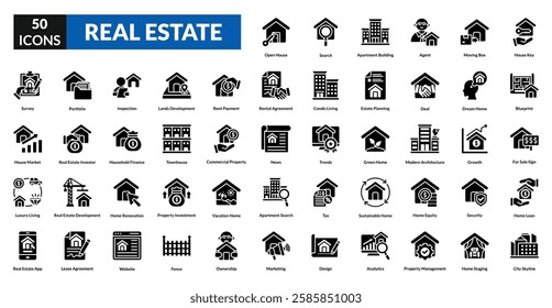 real estate glyph icon set collection. house key, blueprint, for Sale Sign, home loan, city skyline, open house, search, apartment building, agent, moving box, survey