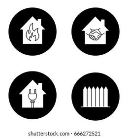 Real estate glyph icons set. Houses with plug and fire inside, fence, real estate deal. Vector white silhouettes illustrations in black circles